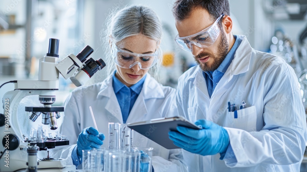 Innovating Composite Material: Engineers Analyzing Test Results on Tablet Innovating Composite Material: Engineers Analyzing Test Results on Tablet