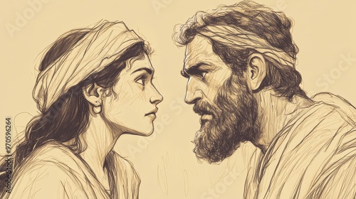 David and Ziba Biblical Illustration, capturing the court's curiosity, perfect for Bible wall art on a beige background. photo