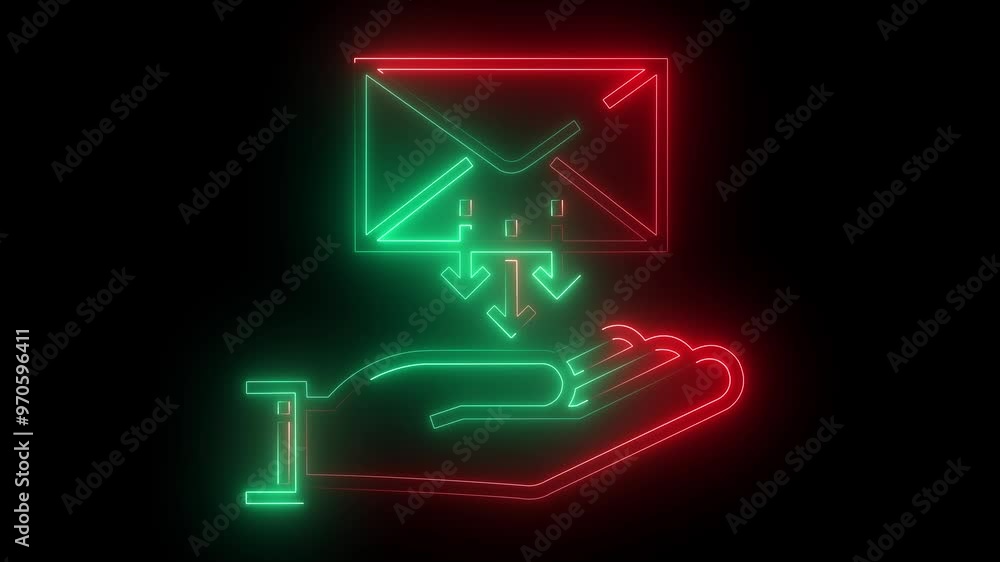 glowing neon hand message icon on black background glowing neon hand message icon on black background