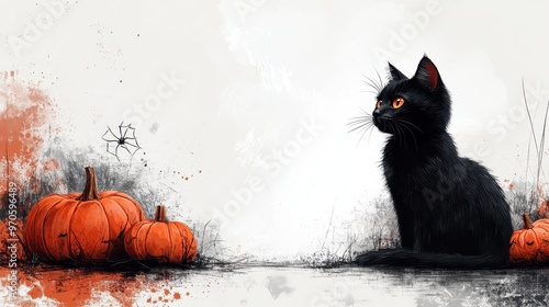 A spooky Halloween banner with a black cat, pumpkins, and spider webs, perfect for a web header, on a white background