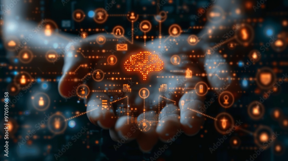 A hand holding the digital icon of an AI platform surrounded by various icons representing cloud technology, big data, and other technological elements on a dark background. A hand holding the digital icon of an AI platform surrounded by various icons representing cloud technology, big data, and other technological elements on a dark background.