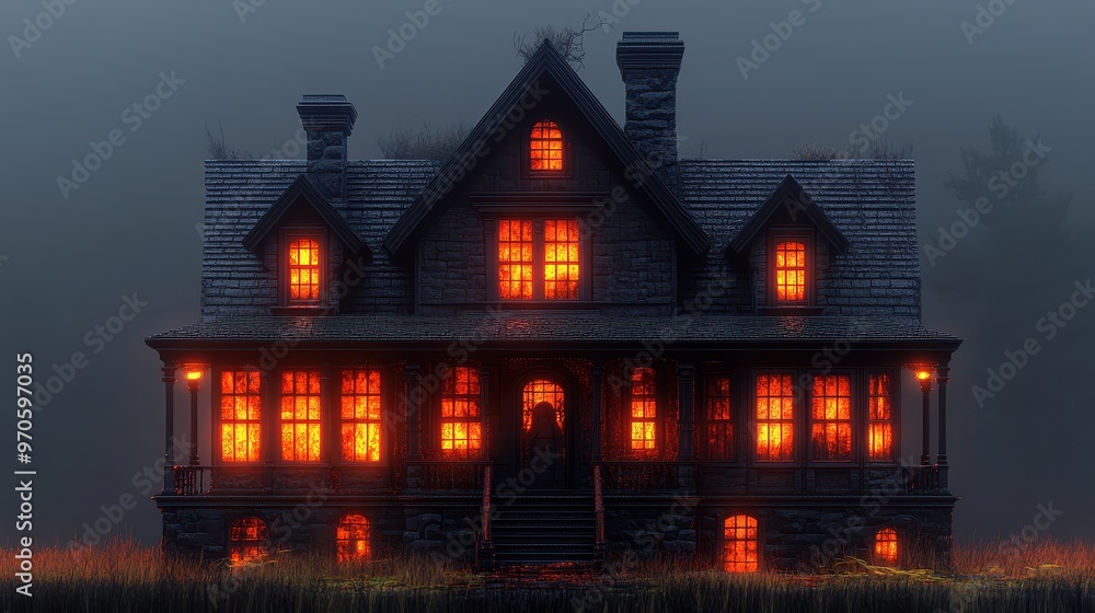 A spooky, haunted house with glowing windows and an eerie atmosphere, isolated on a white background A spooky, haunted house with glowing windows and an eerie atmosphere, isolated on a white background