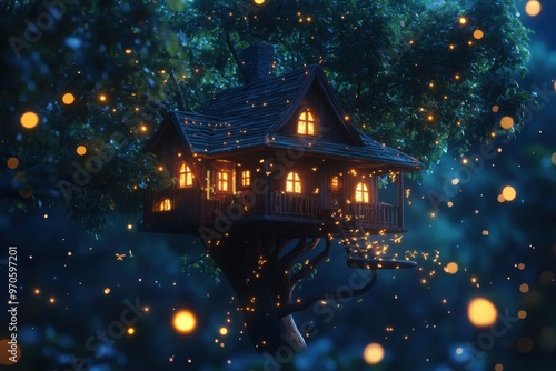 A treehouse suspended mid-air, surrounded by fireflies and softly glowing plants. 