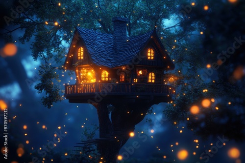 A treehouse suspended mid-air, surrounded by fireflies and softly glowing plants. 