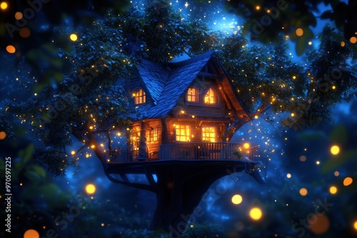 A treehouse suspended mid-air, surrounded by fireflies and softly glowing plants. 
