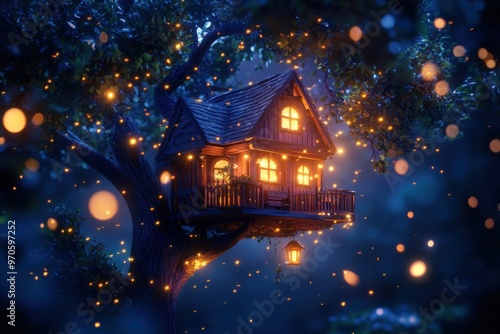 A treehouse suspended mid-air, surrounded by fireflies and softly glowing plants. 