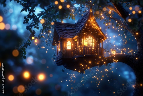 A treehouse suspended mid-air, surrounded by fireflies and softly glowing plants. 