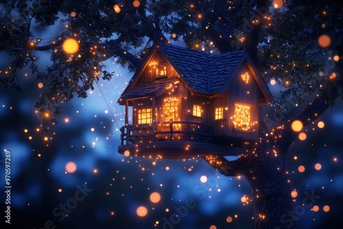 A treehouse suspended mid-air, surrounded by fireflies and softly glowing plants. 