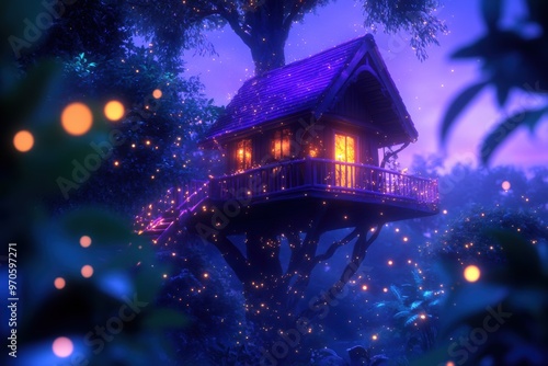 A treehouse suspended mid-air, surrounded by fireflies and softly glowing plants. 