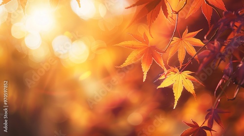 Golden Autumn Maple Leaves Illuminated by Sunlight, Creating a Warm Glow with Vibrant Colors of Orange, Red, and Yellow. Sunlight Filtering Through the Branches in a Scenic, Joyful Atmosphere Full of 