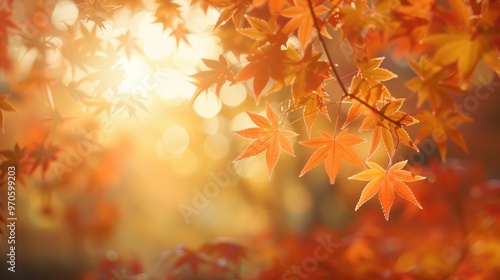Golden Autumn Maple Leaves Illuminated by Sunlight, Creating a Warm Glow with Vibrant Colors of Orange, Red, and Yellow. Sunlight Filtering Through the Branches in a Scenic, Joyful Atmosphere Full of 