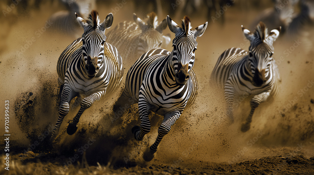 Fototapeta premium Zebras running in the African savannah. AI Generative