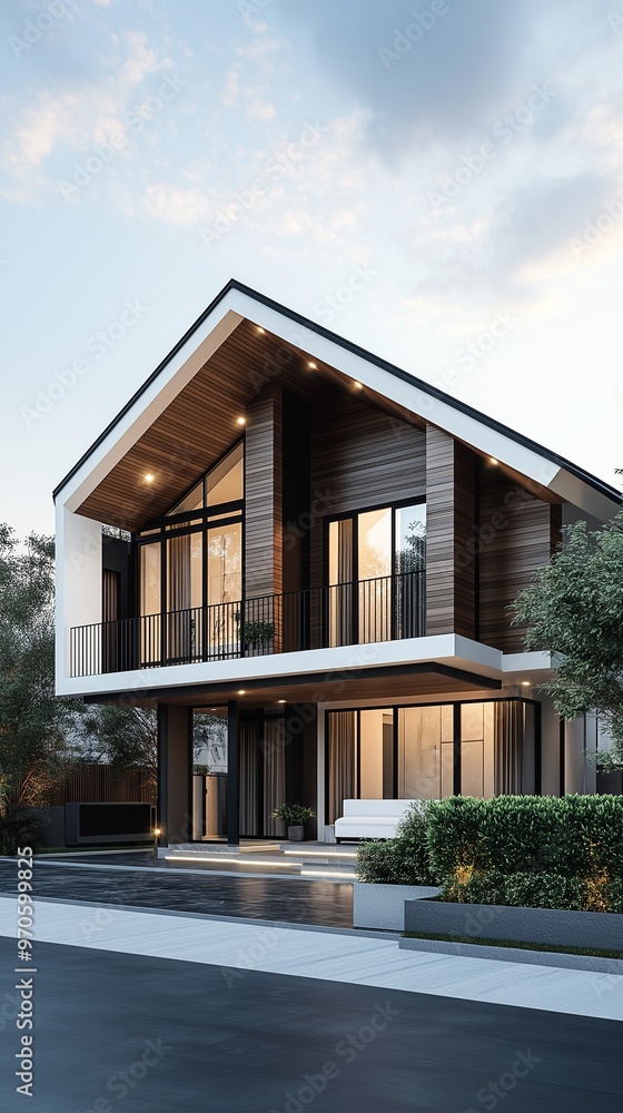 Fototapeta premium A modern, two-story home with a sleek and minimalist design. 