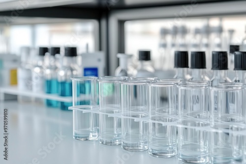 Close-up of clear test tubes and laboratory glassware in a modern lab setting, ideal for science and research themes.