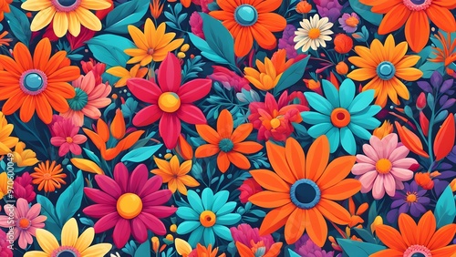 Vibrant seamless pattern of colorful flowers and leaves on a dark background.