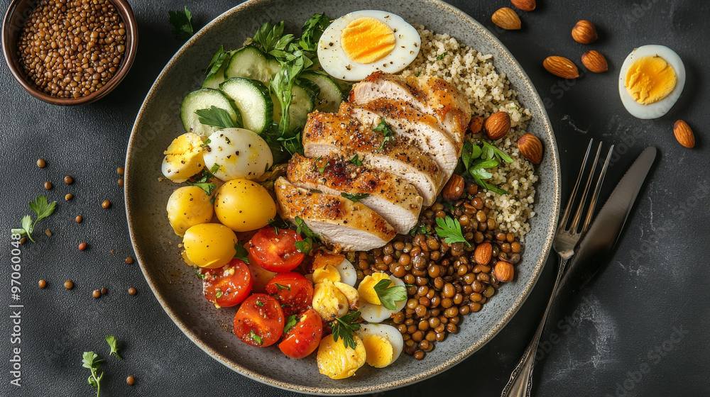 A healthy meal with cooked chicken, boiled eggs, roasted vegetables, lentils, couscous salad, and nuts. A healthy meal with cooked chicken, boiled eggs, roasted vegetables, lentils, couscous salad, and nuts.