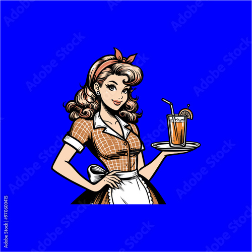 pinup girl pretty blond waitress beauty brink orange juice in tray	
