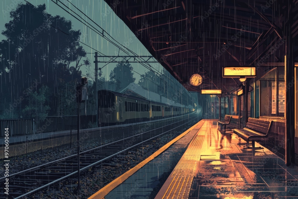 A Cozy Train Station Scene In The Rain With Soft Light Reflecting On Wet Benches And Platforms. Cozy Vibe, Generative AI A Cozy Train Station Scene In The Rain With Soft Light Reflecting On Wet Benches And Platforms. Cozy Vibe, Generative AI