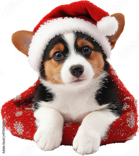 Adorable Corgi Puppy in Santa Hat for Christmas Holiday on Transparent Background
