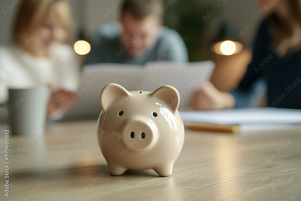 Close up focus on small piggybank on table with blurred middle aged old family couple doing financial paperwork, managing household budget or planning investment on background, Close up focus on small piggybank on table with blurred middle aged old family couple doing financial paperwork, managing household budget or planning investment on background,