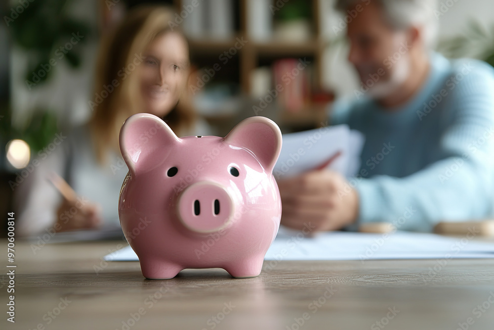 Close up focus on small piggybank on table with blurred middle aged old family couple doing financial paperwork, managing household budget or planning investment on background, Close up focus on small piggybank on table with blurred middle aged old family couple doing financial paperwork, managing household budget or planning investment on background,