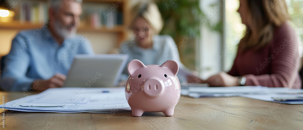 Close up focus on small piggybank on table with blurred middle aged old family couple doing financial paperwork, managing household budget or planning investment on background, Close up focus on small piggybank on table with blurred middle aged old family couple doing financial paperwork, managing household budget or planning investment on background,