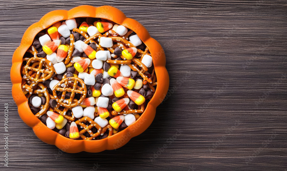 A Halloween snack mix with pretzels, candy corn, mini marshmallows, and chocolate chips, served in a pumpkin-shaped bowl A Halloween snack mix with pretzels, candy corn, mini marshmallows, and chocolate chips, served in a pumpkin-shaped bowl