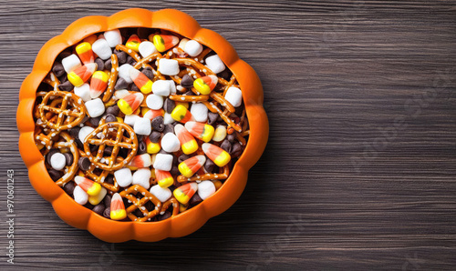 A Halloween snack mix with pretzels, candy corn, mini marshmallows, and chocolate chips, served in a pumpkin-shaped bowl photo