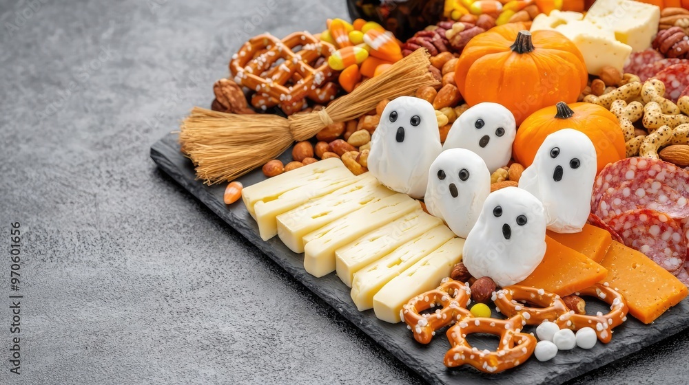 A spooky charcuterie board filled with Halloween treats, including pretzel broomsticks, cheese ghosts, and candy-coated nuts A spooky charcuterie board filled with Halloween treats, including pretzel broomsticks, cheese ghosts, and candy-coated nuts