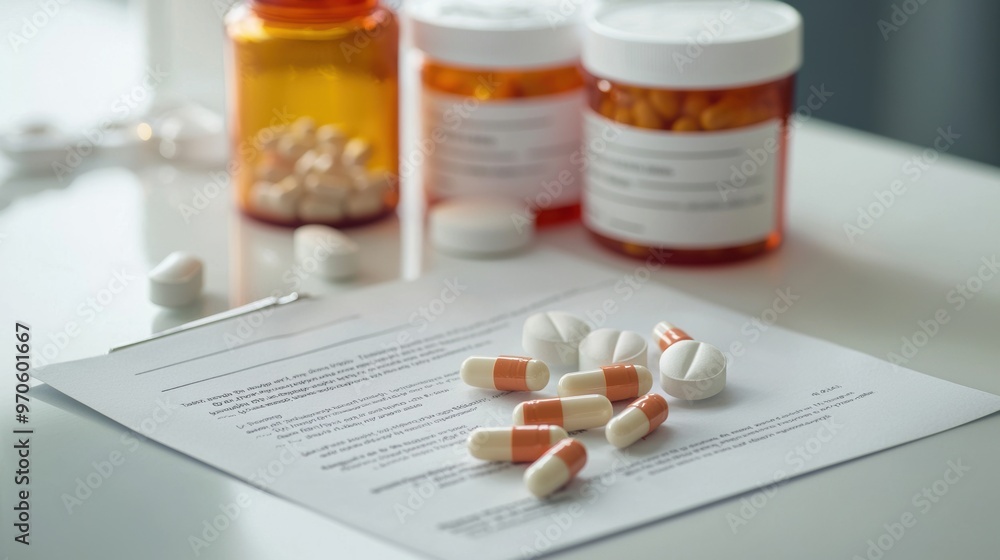 Close up of Assorted Medication Tablets and Bottles on Medical Document Close up of Assorted Medication Tablets and Bottles on Medical Document