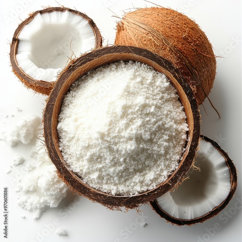 Coconut Powder on white background photo