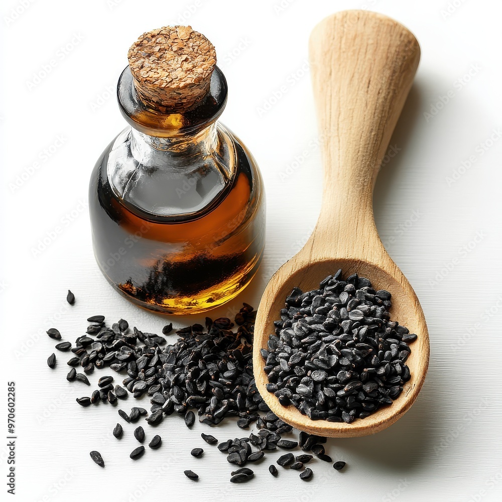 Cold-Pressed Black Sesame Oil on white background Cold-Pressed Black Sesame Oil on white background