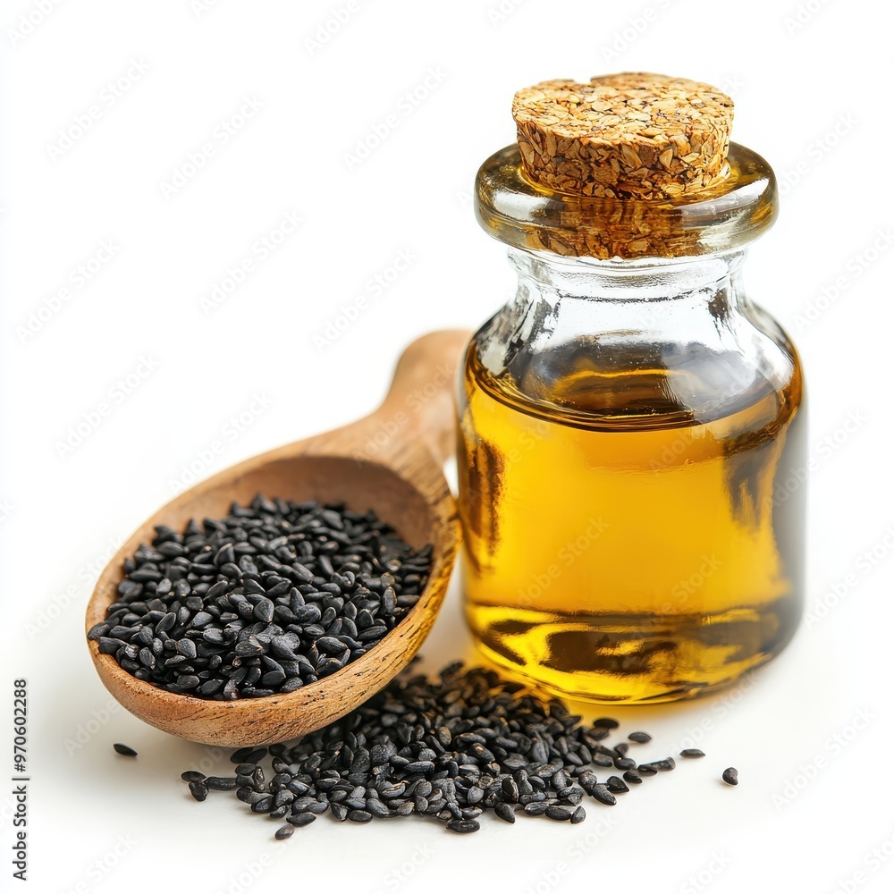 Cold-Pressed Black Sesame Oil on white background Cold-Pressed Black Sesame Oil on white background