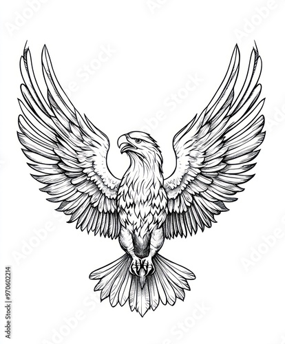 A detailed illustration of a majestic eagle with its wings spread wide, symbolizing freedom and power. The bird is drawn in a realistic style with intricate details on its feathers.