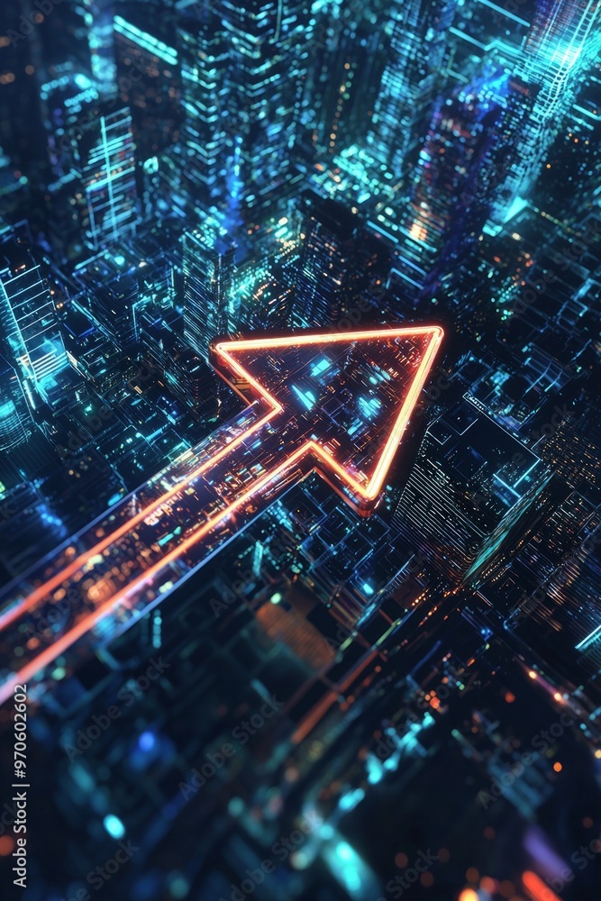 A 3D arrow made of metallic material pointing forward, set against a futuristic cityscape background. A 3D arrow made of metallic material pointing forward, set against a futuristic cityscape background.