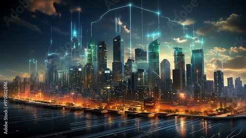 Wallpaper Mural The image depicts a futuristic landscape with a glowing mountain surrounded by a digital grid. The scene features vibrant lights and geometric patterns, suggesting a blend of nature and technology Torontodigital.ca