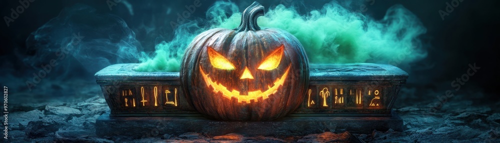 Naklejka premium An ancient Egyptian sarcophagus with a carved pumpkin face, eerie green smoke escaping, glowing hieroglyphics, fantasy illustration, dark theme, copy space for text