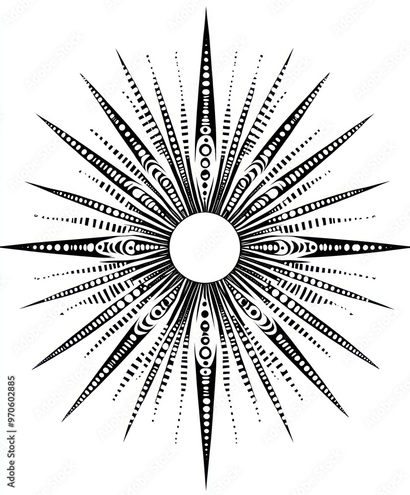 Obraz premium A black and white abstract starburst design with a circular center and radiating lines with dots and circles.