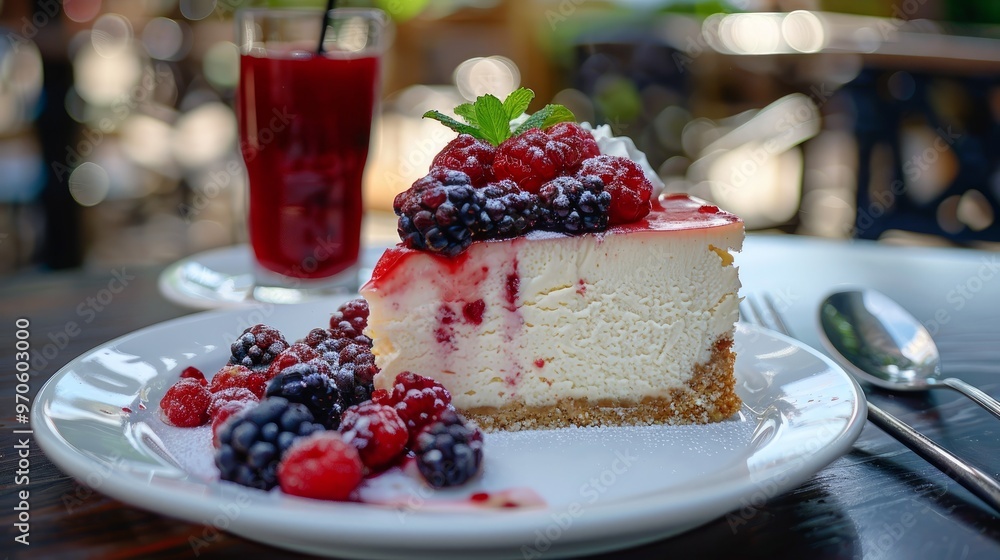 A slice of cream cheese cheesecake, topped with fresh berries and whippedanna', served on an elegant white plate in the foreground. A slice of cream cheese cheesecake, topped with fresh berries and whippedanna', served on an elegant white plate in the foreground.