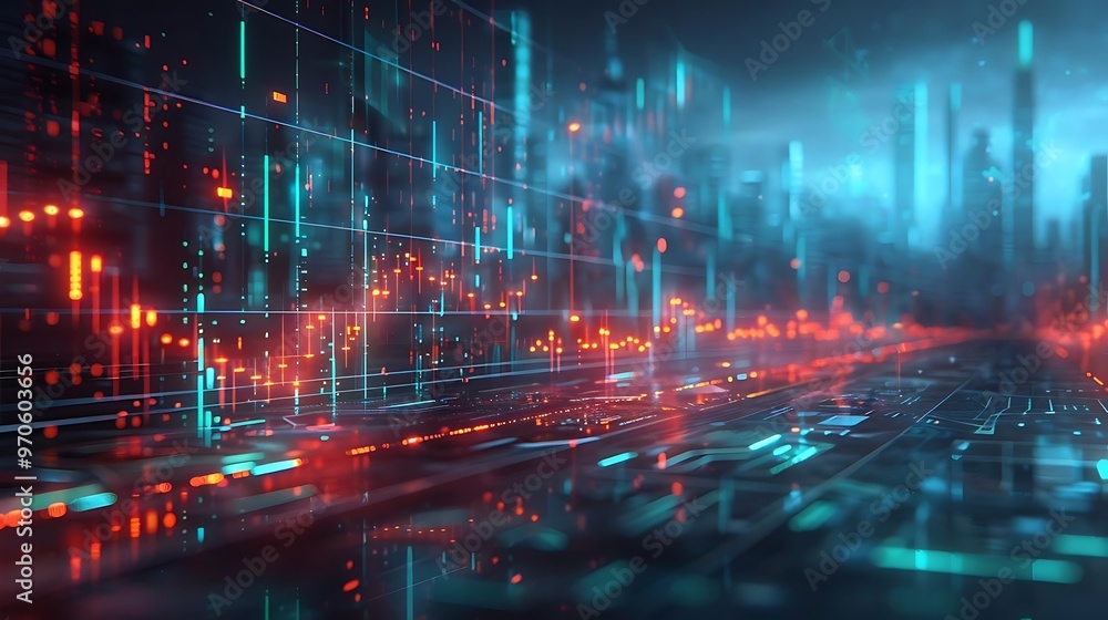 The image depicts a futuristic landscape with a glowing mountain surrounded by a digital grid. The scene features vibrant lights and geometric patterns, suggesting a blend of nature and technology The image depicts a futuristic landscape with a glowing mountain surrounded by a digital grid. The scene features vibrant lights and geometric patterns, suggesting a blend of nature and technology