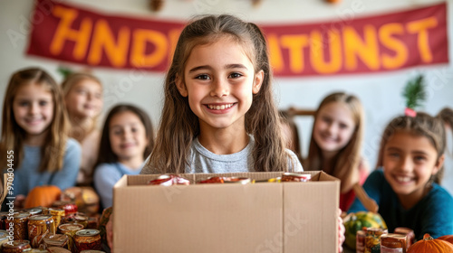 Wallpaper Mural A group of young girls are smiling and holding a box of canned food. Concept of community and generosity, as the girls are participating in a food drive or donation event Torontodigital.ca