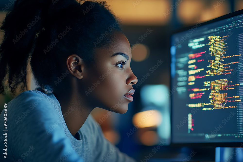 concentrated young female african american software engineer typing codes looking at screen concentrated young female african american software engineer typing codes looking at screen