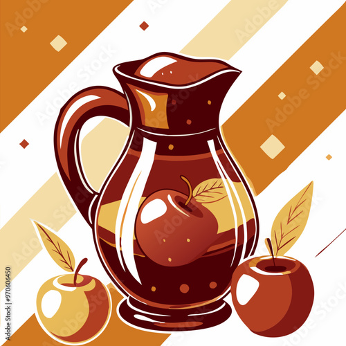 A pitcher filled with apple cider and fresh apples beside it vector illustration
