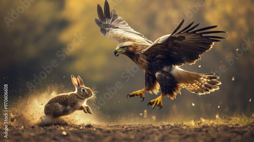 A powerful image shows a golden eagle swooping down to catch a rabbit. photo