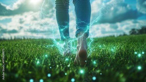 Earthing Grounding Energy Walking on Green Grass Barefoot