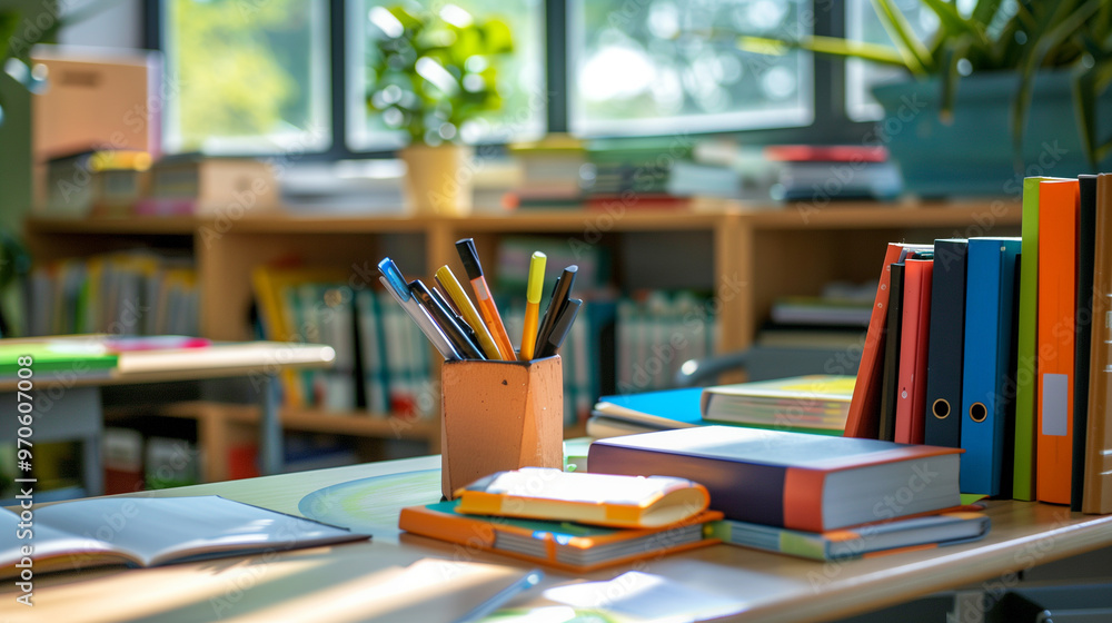 Classroom with Books and Stationery in Sunlight Classroom with Books and Stationery in Sunlight