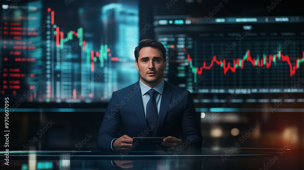 Fototapeta premium A financial news anchor delivering a breaking news report with dynamic stock market charts behind them