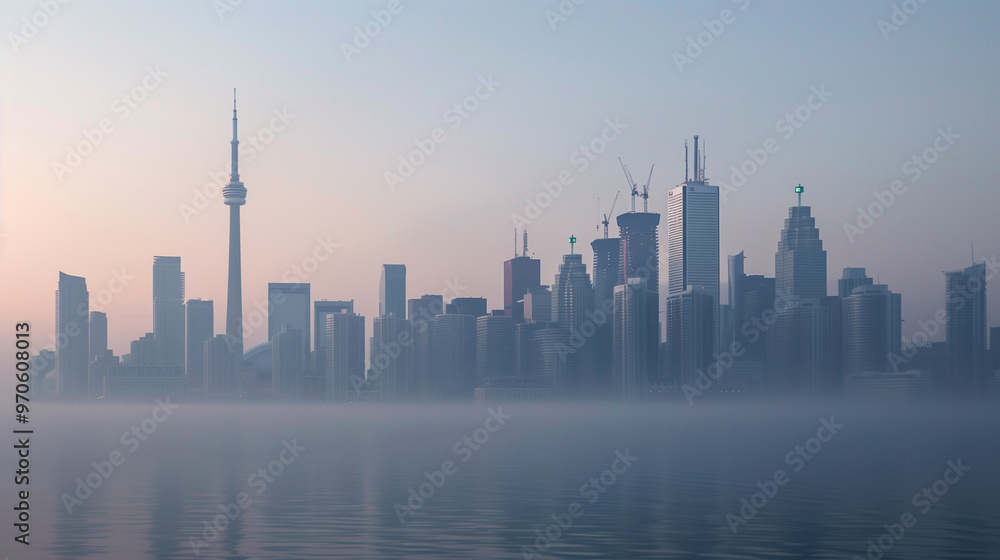 Fototapeta premium Misty City Skyline at Sunrise