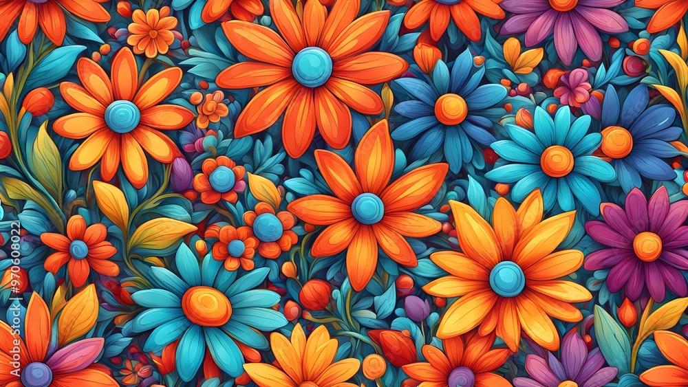 A vibrant and colorful seamless pattern of cartoon flowers. A vibrant and colorful seamless pattern of cartoon flowers.