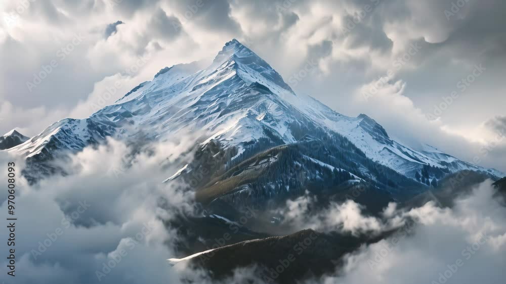 A snowy mountain peak is partially obscured by clouds in the Rocky Mountains, A snowy mountain peak shrouded in clouds A snowy mountain peak is partially obscured by clouds in the Rocky Mountains, A snowy mountain peak shrouded in clouds
